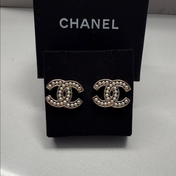 CHANEL Jewelry - CHANEL Gold and Cream Pearl Logo Earrings